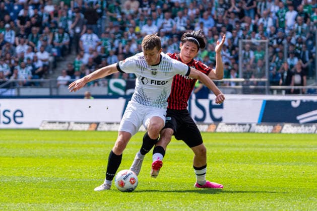 Hannover, Germany 03 May 2026 2 BL 2025 2026 Sp 32 Hannover 96 v Preußen Münster Pictured from left in duel Jano ter Horst PRM and Daisuke Yokota HAN DFL DFB regulations prohibit any use of photographs as image sequences and or quasi video Heinz von Heiden Arena Niedersachsen Copyright: xFotostandx xKruczynskix