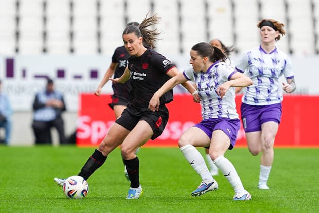 03 05 2026, xydrx, Women, Soccer, 1 Women Bundesliga, SGS Essen Bayer 04 Leverkusen, Season 2025 2026, Stadion an der Hafenstraße Katharina Piljic Bayer 04 Leverkusen, 6 in duel against Leonie Koepp SGS Essen, 20 DFB regulations prohibit any use of photographs as image sequences and or quasi video Copyright: HMBxMedia YannisxDreimann