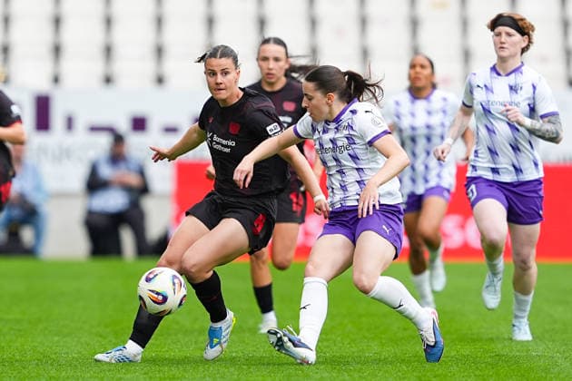 03 05 2026, xydrx, Women, Soccer, 1 Women Bundesliga, SGS Essen Bayer 04 Leverkusen, Season 2025 2026, Stadion an der Hafenstraße Katharina Piljic Bayer 04 Leverkusen, 6 in duel against Leonie Koepp SGS Essen, 20 DFB regulations prohibit any use of photographs as image sequences and or quasi video Copyright: HMBxMedia YannisxDreimann