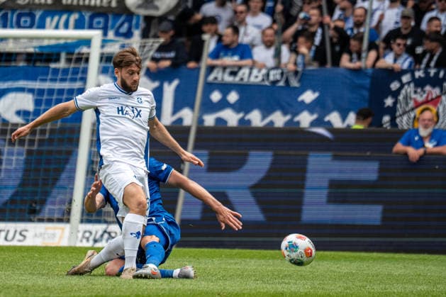 03 05 2026, xdaymx, Fussball 2 Bundesliga, Karlsruher SC SV Darmstadt 98 Killian Corredor SV Darmstadt 98 gets hard knocked over by Nicolai Rapp Karlsruher SC DFL DFB REGULATIONS PROHIBIT ANY USE OF PHOTOGRAPHS as IMAGE SEQUENCES and or QUASI VIDEO Karlsruhe
