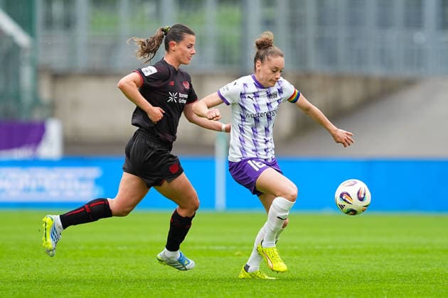 03 05 2026, xydrx, Women, Soccer, 1 Women Bundesliga, SGS Essen Bayer 04 Leverkusen, Season 2025 2026, Stadion an der Hafenstraße Katharina Piljic Bayer 04 Leverkusen, 6 in duel against Jacqueline Meißner SGS Essen, 16 DFB regulations prohibit any use of photographs as image sequences and or quasi video Copyright: HMBxMedia YannisxDreimann
