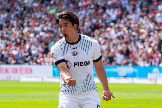 Hannover, Germany 03 May 2026 2 BL 2025 2026 Sp 32 Hannover 96 vs Preußen Münster In picture Shin Yamada PRM cheers for 0 2 goal DFL DFB regulations prohibit any use of photographs as image sequences and or quasi video Heinz von Heiden Arena Niedersachsen Copyright: xFotostandx xKruczynskix