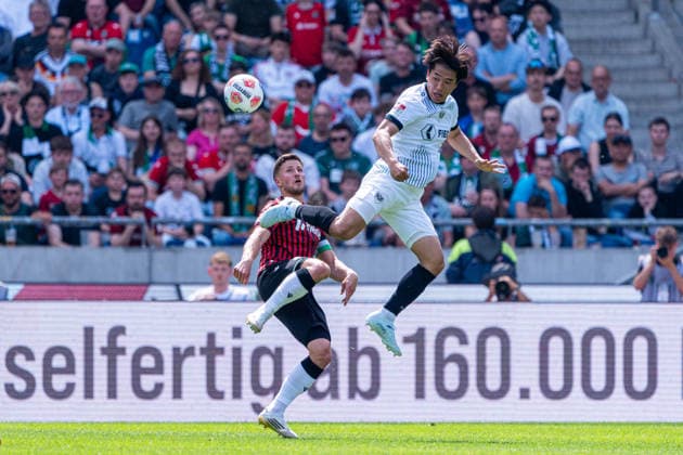 Hannover, Germany 03 May 2026 2 BL 2025 2026 Sp 32 Hannover 96 v Preußen Münster Pictured from left in duel Enzo Leopold HAN and Shin Yamada PRM DFL DFB regulations prohibit any use of photographs as image sequences and or quasi video Heinz von Heiden Arena Niedersachsen Copyright: xFotostandx xKruczynskix
