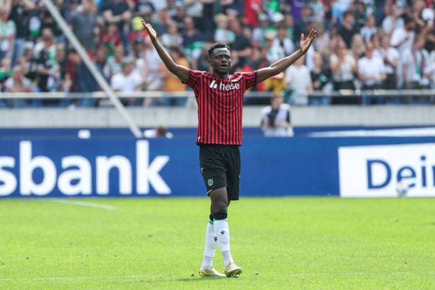2 Bundesliga Hannover 96 SC Preußen Münster on 03 05 2026 at Heinz von Heiden Arena in Hannover Cheering, goal celebration, goal scorer Mustapha Bundu Shong Hames Hannover 7 cheers after his goal to make it 2 - 2 MH