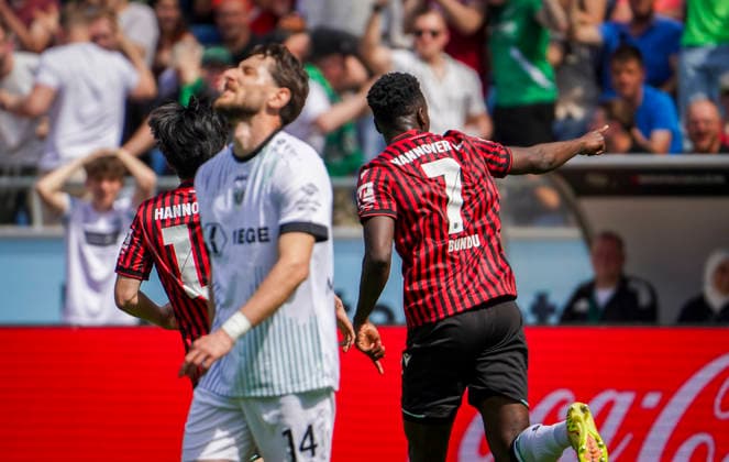Germany Soccer 2 Bundesliga 2025 2026, Matchday 32 Hannover 96 vs Preußen Münster Heinz von Heiden Arena Stadion Hannover Goal and goal celebration for Mustapha Bundu Hannover 96, 7 Hannover Copyright: xAymanxAlahmedx