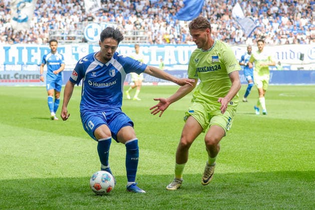 03 05 2026, xgox, Football 2 Bundesliga 1 FC Magdeburg Hertha BSC Berlin emspor, v l Laurin Ulrich Magdeburg, 8 , Marton Dardai Hertha, 31 duel, duel, fight, tackle DFL DFB REGULATIONS PROHIBIT ANY USE OF PHOTOGRAPHS as IMAGE SEQUENCES and or QUASI VIDEO Magdeburg
