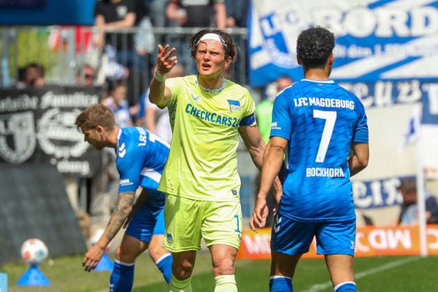 03 05 2026, xgox, Soccer 2 Bundesliga 1 FC Magdeburg Hertha BSC Berlin emspor, v l Fabian Reese Hertha, 11 Complains, complains, scolds DFL DFB REGULATIONS PROHIBIT ANY USE OF PHOTOGRAPHS as IMAGE SEQUENCES and or QUASI VIDEO Magdeburg