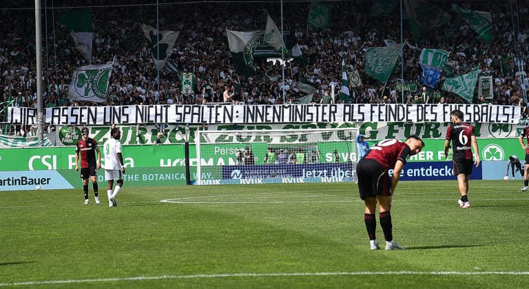 03 05 2026, xhbx, Soccer 2 Bundesliga, SpVgg Greuther Fuerth 1 FC Nuremberg v l Fans, Supporters, Flag, Banner Minister of the Interior , Scarf of Spvgg Greuther Fuerth DFL DFB REGULATIONS PROHIBIT ANY USE OF PHOTOGRAPHS as IMAGE SEQUENCES and or QUASI VIDEO Fuerth