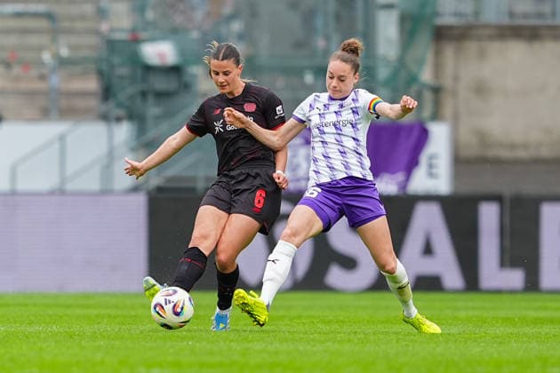 03 05 2026, xydrx, Women, Soccer, 1 Women Bundesliga, SGS Essen Bayer 04 Leverkusen, Season 2025 2026, Stadion an der Hafenstraße Katharina Piljic Bayer 04 Leverkusen, 6 in duel against Jacqueline Meißner SGS Essen, 16 DFB regulations prohibit any use of photographs as image sequences and or quasi video Copyright: HMBxMedia YannisxDreimann