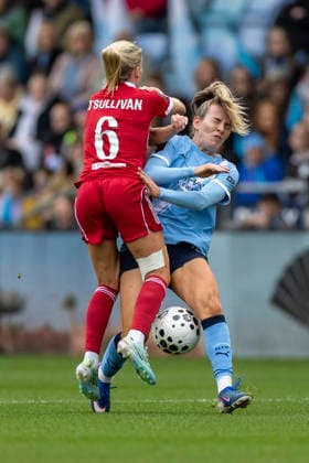 RECORD DATE NOT STATED 3rd May 2026; Joie Stadium, Manchester, England; Womens Super League Football, Manchester City versus Liverpool; Lauren Hemp of Manchester City Women is tackled by Denise O Sullivan of Liverpool Women TimxWilliams