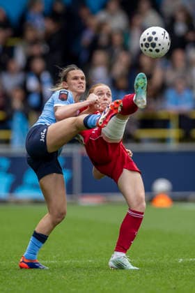 RECORD DATE NOT STATED 3rd May 2026; Joie Stadium, Manchester, England; Womens Super League Football, Manchester City versus Liverpool; Ceri Holland of Liverpool Women and Kerstin Casparji of Manchester City Women attempt to control the ball TimxWilliams
