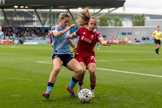 RECORD DATE NOT STATED 3rd May 2026; Joie Stadium, Manchester, England; Womens Super League Football, Manchester City versus Liverpool; Kerstin Casparji of Manchester City Women under pressure from Aurelie Csillag of Liverpool Women TimxWilliams