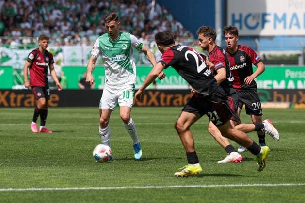 Branimir Hrgota 10 Spvgg Greuther Fuerth in action against Berkay YÄ±lmaz 21 1FC Nuernberg and Adam Markhiyev 6 1FC Nuernberg , SpVgg Greuther Fuerth vs 1 FC Nuernberg, Fußball, Maenner, 2 Bundesliga, DFL, Saison 2025 2026, 32 Spieltag, Rueckrunde, 03 05 2026 DFB regulations prohibit any use of photographs as image sequences and or quasi video Fuerth Bayern Germany Copyright: xkolbert-press MartinxAgüerax