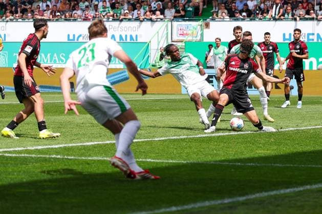 Goal chance from Noel Futkeu 9 Spvgg Greuther Fuerth vs Fabio Gruber 4 1FC Nuernberg , SpVgg Greuther Fuerth vs 1 FC Nuernberg, Football, Men, 2 Bundesliga, DFL, Saison 2025 2026, 32 Spieltag, Rueckrunde, 03 05 2026 DFB regulations prohibit any use of photographs as image sequences and or quasi video Fuerth Bayern Germany Copyright: xkolbert-press MartinxAgüerax