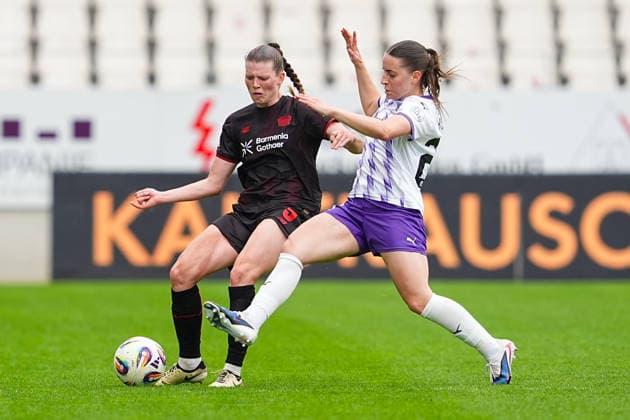 03 05 2026, xydrx, Women, Football, 1 Womens Bundesliga, SGS Essen Bayer 04 Leverkusen, Season 2025 2026, Stadion an der Hafenstraße Claudia Wenger Bayer 04 Leverkusen, 5 in duel against Leonie Koepp SGS Essen, 20 DFB regulations prohibit any use of photographs as image sequences and or quasi video Copyright: HMBxMedia YannisxDreimann