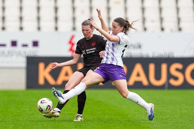 03 05 2026, xydrx, Women, Football, 1 Womens Bundesliga, SGS Essen Bayer 04 Leverkusen, Season 2025 2026, Stadion an der Hafenstraße Claudia Wenger Bayer 04 Leverkusen, 5 in duel against Leonie Koepp SGS Essen, 20 DFB regulations prohibit any use of photographs as image sequences and or quasi video Copyright: HMBxMedia YannisxDreimann