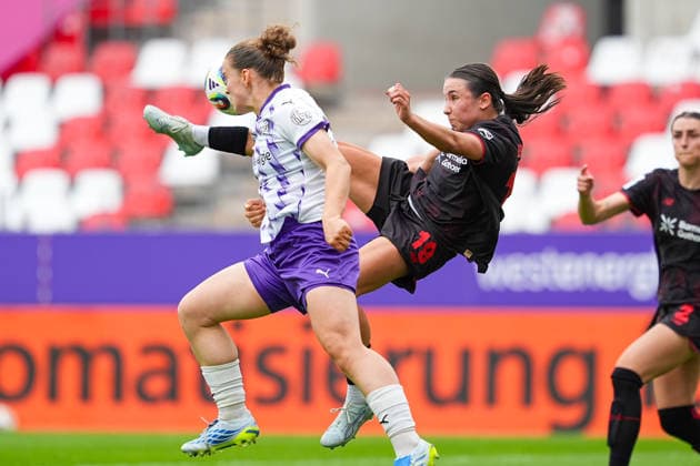 03 05 2026, xydrx, Women, Soccer, 1 Women Bundesliga, SGS Essen Bayer 04 Leverkusen, Season 2025 2026, Stadion an der Hafenstraße Paulina Platner SGS Essen, 25 in duel against Loreen Bender Bayer 04 Leverkusen, 19 DFB regulations prohibit any use of photographs as image sequences and or quasi video Copyright: HMBxMedia YannisxDreimann