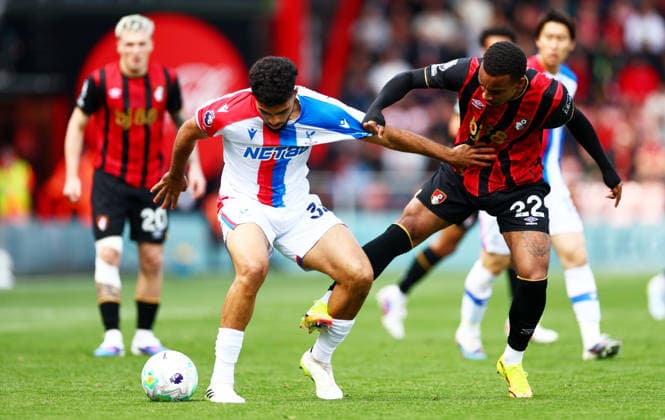 Chadi Riad of Crystal Palace and Eli Junior Kroupi of AFC Bournemouth. AFC Bournemouth v Crystal Palace, Premier League, Football, Vitality Stadium, Bournemouth , UK - 03 May 2026Bournemouth Vitality Stadium United Kingdom EDITORIAL USE ONLY No use with unauthorised audio, video, data, fixture lists, club league logos or live services. Online in-match use limited to 120 images, no video emulation. No use in betting, games or single club league player publications. Copyright: xJamesxMarsh Shutterstockx 16854586w