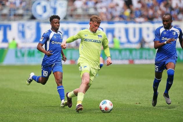 Magdeburg, Saxony-Anhalt, Germany, 03 05 2026 Avnet Arena 32 Matchday, Season 2025 26, 2 Soccer Bundesliga 1 FC Magdeburg Hertha BSC L R Lubambo Musonda 19, 1 FC Magdeburg , Michael Cuisance 10, Hertha BSC , Silas Gnaka 25, 1 FC Magdeburg Copyright: xdtsxNachrichtenagenturx dts_117431
