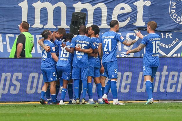 03 05 2026, xgox, Soccer 2 Bundesliga 1 FC Magdeburg Hertha BSC Berlin emspor, v l cheering after the 1 0 by Laurin Ulrich Magdeburg, 8 DFL DFB REGULATIONS PROHIBIT ANY USE OF PHOTOGRAPHS as IMAGE SEQUENCES and or QUASI VIDEO Magdeburg