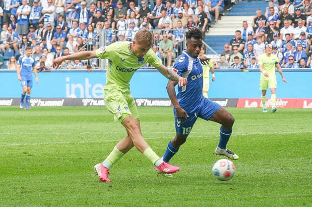 03 05 2026, xgox, Soccer 2 Bundesliga 1 FC Magdeburg Hertha BSC Berlin emspor, v l Marten Winkler Hertha, 22 goal shot, shoots the ball on goal, shot DFL DFB REGULATIONS PROHIBIT ANY USE OF PHOTOGRAPHS as IMAGE SEQUENCES and or QUASI VIDEO Magdeburg