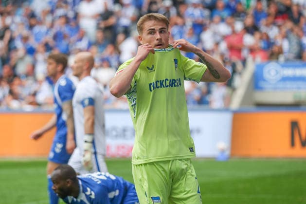 03 05 2026, xgox, Fußball 2 Bundesliga 1 FC Magdeburg Hertha BSC Berlin emspor, v l Marten Winkler Hertha, 22 enttaeuscht, schaut enttaeuscht, niedergeschlagen, disappointed DFL DFB REGULATIONS PROHIBIT ANY USE OF PHOTOGRAPHS as IMAGE SEQUENCES and or QUASI VIDEO Magdeburg