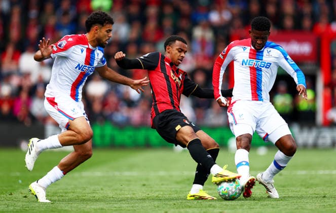 Eli Junior Kroupi of AFC Bournemouth and Jefferson Lerma of Crystal Palace. AFC Bournemouth v Crystal Palace, Premier League, Football, Vitality Stadium, Bournemouth , UK - 03 May 2026Bournemouth Vitality Stadium United Kingdom EDITORIAL USE ONLY No use with unauthorised audio, video, data, fixture lists, club league logos or live services. Online in-match use limited to 120 images, no video emulation. No use in betting, games or single club league player publications. Copyright: xJamesxMarsh Shutterstockx 16854586aj