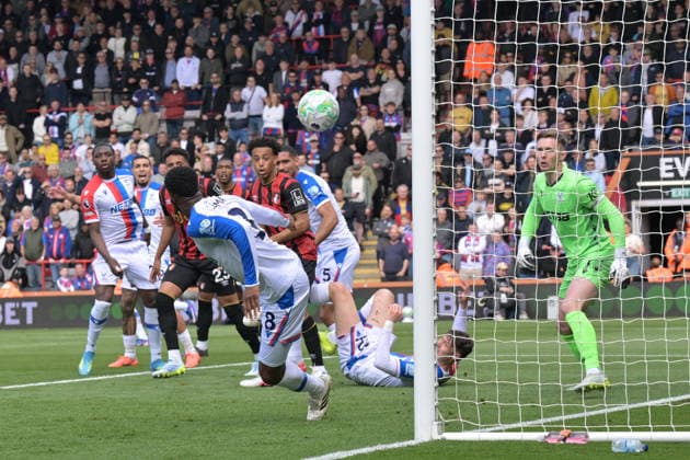 Bournemouth v Crystal Palace, Premier League Goal 1-0 - Own goal by Jefferson Lerma (8) of Crystal Palace after Evanilson (9) of AFC Bournemouth shot at goal to score the opening goal beating Dean Henderson (1) of Crystal Palace during the Premier League match between Bournemouth and Crystal Palace at the Vitality Stadium, Bournemouth, UK on 3 May 2026. Bournemouth Vitality Stadium Dorset UK Editorial use only DataCo restrictions apply See www.football-dataco.com , Copyright: xGrahamxHuntx PSI-24199-0046