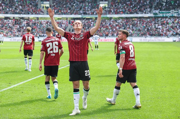 2 Bundesliga Hannover 96 SC Preußen Münster on 03 05 2026 at Heinz von Heiden Arena in Hannover Cheering, goal celebration, goal scorer, goal scorer Stefan Teitur Thordarson Hannover 23 cheers after his goal for 3 to 2 MH
