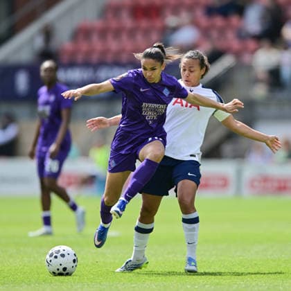 Delphine Cascarino of London City Lionesses and Drew Spence of Tottenham Hotspur Women challenge for the ball during the Women s Super League match between Tottenham Hotspur Women and London City Lionesses at the Brisbane Road, London, England on 3 May 2026. Copyright: xPhilxHutchinsonx 44910022