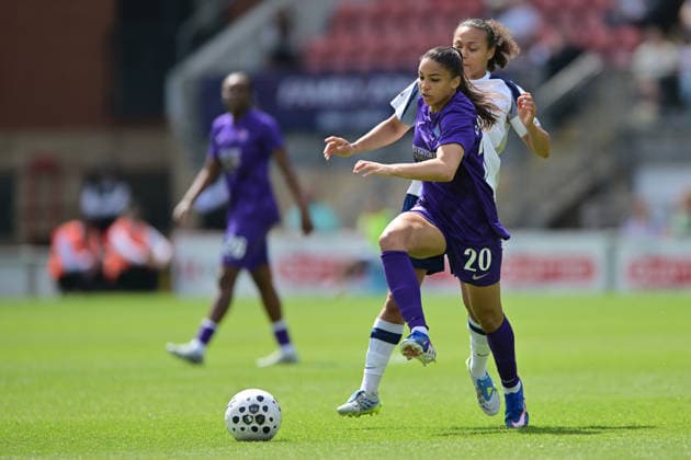 Delphine Cascarino of London City Lionesses and Drew Spence of Tottenham Hotspur Women challenge for the ball during the Women s Super League match between Tottenham Hotspur Women and London City Lionesses at the Brisbane Road, London, England on 3 May 2026. Copyright: xPhilxHutchinsonx 44910019