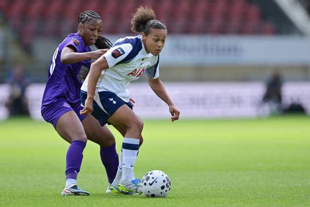 Grace Geyoro of London City Lionesses and Drew Spence of Tottenham Hotspur Women challenge for the ball during the Women s Super League match between Tottenham Hotspur Women and London City Lionesses at the Brisbane Road, London, England on 3 May 2026. Copyright: xPhilxHutchinsonx 44910021
