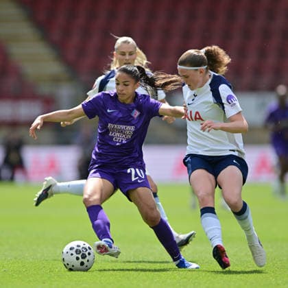 Delphine Cascarino of London City Lionesses with the ball as Signe Gaupset of Tottenham Hotspur Women closes during the Women s Super League match between Tottenham Hotspur Women and London City Lionesses at the Brisbane Road, London, England on 3 May 2026. Copyright: xPhilxHutchinsonx 44910025