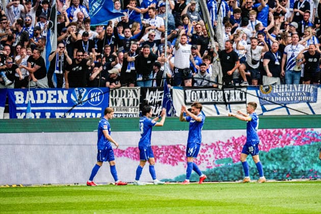 03 05 2026, xdaymx, Soccer 2 Bundesliga, Karlsruher SC SV Darmstadt 98 Shio Fukuda Karlsruher SC cheers after his 2 1 lead goal with the team DFL DFB REGULATIONS PROHIBIT ANY USE OF PHOTOGRAPHS as IMAGE SEQUENCES and or QUASI VIDEO Karlsruhe