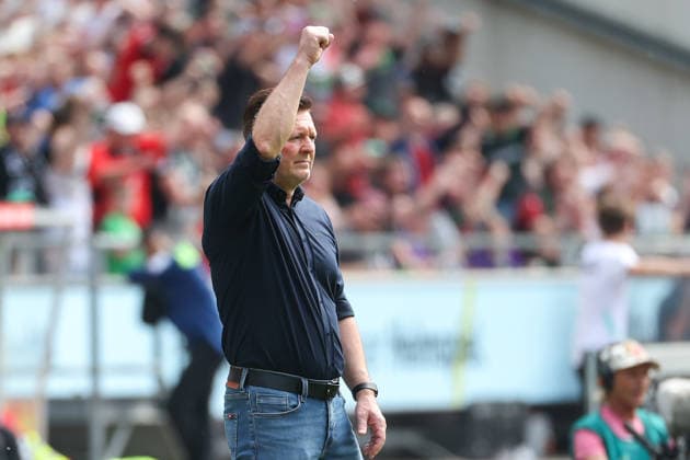 2 Bundesliga Hannover 96 SC Preußen Münster on 03 05 2026 at Heinz von Heiden Arena in Hannover Cheers and joy for coach Christian Titz Hannover after the goal by Stefan Teitur Thordarson to make it 3 - 2 Hannover 23 not in the picture MH