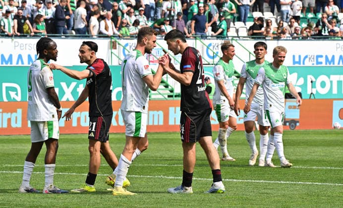 03 05 2026 Soccer Season 2025 2026 2 Soccer Bundesliga Derby Frankenderby 32 Matchday SpVgg Greuther Fürth Kleeblatt 1 FC Nürnberg FCN Club Sportfoto Zink MeZi xmexzix DFL regulations prohibit any use of photographs as image sequences and or quasi video only for editorial use of links Noel Futkeu 9, SpVgg Greuther Fürth Berkay Yilmaz 21, 1 FC Nürnberg FCN Dennis Srbeny 7, SpVgg Greuther Fürth Luka Lochoshvili 24, 1 FC Nürnberg FCN Felix Klaus 30, SpVgg Greuther Fürth Aaron Keller 16, SpVgg Greuther Fürth Jomaine Consbruch 14, SpVgg Greuther Fürth disappointed Disappointment after the end of the match