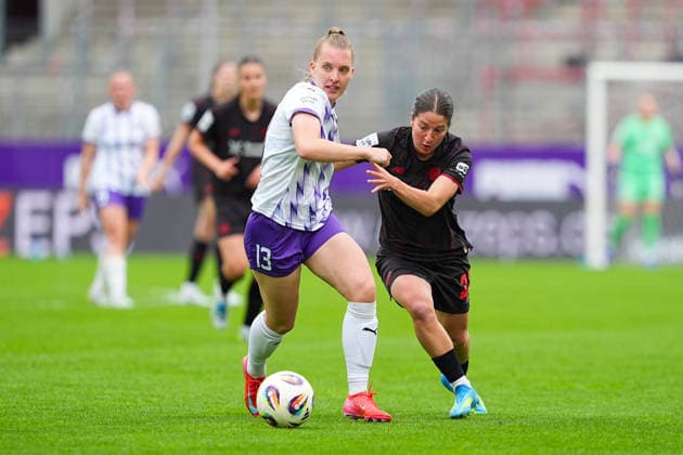 03 05 2026, xydrx, Women, Football, 1 Womens Bundesliga, SGS Essen Bayer 04 Leverkusen, Season 2025 2026, Stadion an der Hafenstraße Maike Berentzen SGS Essen, 13 in duel against Ruby Grant Bayer 04 Leverkusen, 22 DFB regulations prohibit any use of photographs as image sequences and or quasi video Copyright: HMBxMedia YannisxDreimann