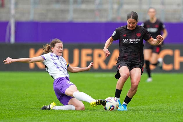03 05 2026, xydrx, Women, Soccer, 1 Womens Bundesliga, SGS Essen Bayer 04 Leverkusen, Season 2025 2026, Stadion an der Hafenstraße Lena Ostermeier SGS Essen, 18 in duel against Selina Ostermeier Bayer 04 Leverkusen, 2 DFB regulations prohibit any use of photographs as image sequences and or quasi video Copyright: HMBxMedia YannisxDreimann