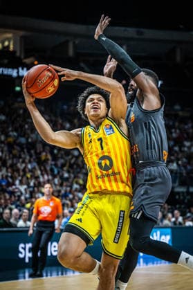 Basketball Berlin 03 05 2026 Season 2025 2026 EasyCredit BBL 1 Bundesliga Men, Men Alba Berlin NINERS Chemnitz Jack Kayil Alba Berlin, No 07 Corey Davis Chemnitz, No 05