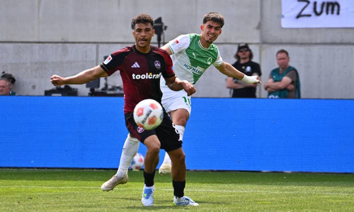 03 05 2026 Soccer Season 2025 2026 2 Soccer Bundesliga Derby Frankenderby 32 Matchday SpVgg Greuther Fürth Kleeblatt 1 FC Nürnberg FCN Club Sportfoto Zink xwoxzix DFL regulations prohibit any use of photographs as image sequences and or quasi video only for editorial use Henri Koudossou 8, 1 FC Nürnberg FCN Aaron Keller 16, SpVgg Greuther Fürth