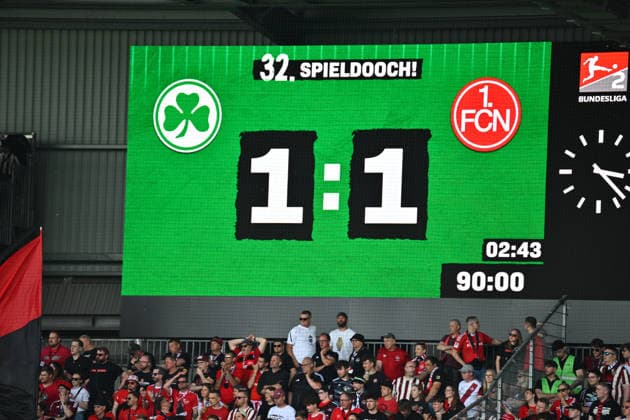 03 05 2026 Soccer Season 2025 2026 2 Soccer Bundesliga Derby Frankenderby 32 Matchday SpVgg Greuther Fürth Kleeblatt 1 FC Nürnberg FCN Club Sportfoto Zink xwoxzix DFL regulations prohibit any use of photographs as image sequences and or quasi video only for editorial use Final result on scoreboard