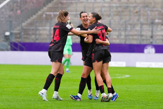 03 05 2026, xydrx, Women, Soccer, 1 Women Bundesliga, SGS Essen Bayer 04 Leverkusen, Season 2025 2026, Stadion an der Hafenstraße Goal celebration after the goal to 4 0 for Bayer 04 Leverkusen by scorer Cornelia Kramer Bayer 04 Leverkusen, 7 together with Lilla Turanyi Bayer 04 Leverkusen, 24 and Selina Ostermeier Bayer 04 Leverkusen, 2 Carlotta Wamser Bayer 04 Leverkusen, 37 DFB regulations prohibit any use of photographs as image sequences and or quasi video Copyright: HMBxMedia YannisxDreimann
