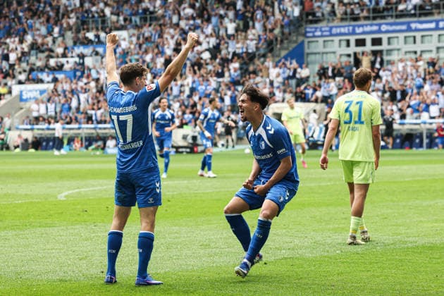 Goal celebration Goalscorer Laurin Ulrich 1 FC Magdeburg,8 scores to 1 0 with Alexander Nollenberger 1 FC Magdeburg,17 2 Soccer Bundesliga Season 2025 2026 Point Match 1 FC Magdeburg vs Hertha BSC Berlin at the Avnet Arena in Magdeburg Action,Soccer,Man,Men,Germany,03 05 2026