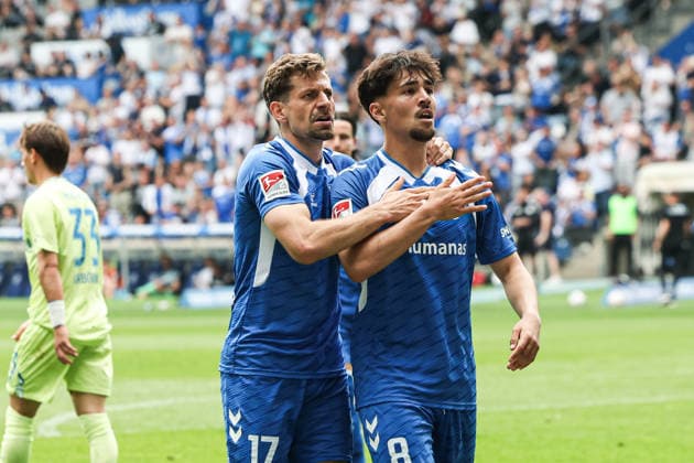 Goalscorer Laurin Ulrich 1 FC Magdeburg,8 scores to 1 0 with Alexander Nollenberger 1 FC Magdeburg,17 2 Soccer Bundesliga Season 2025 2026 Point Match 1 FC Magdeburg vs Hertha BSC Berlin at the Avnet Arena in Magdeburg Action,Soccer,Man,Men,Germany,03 05 2026