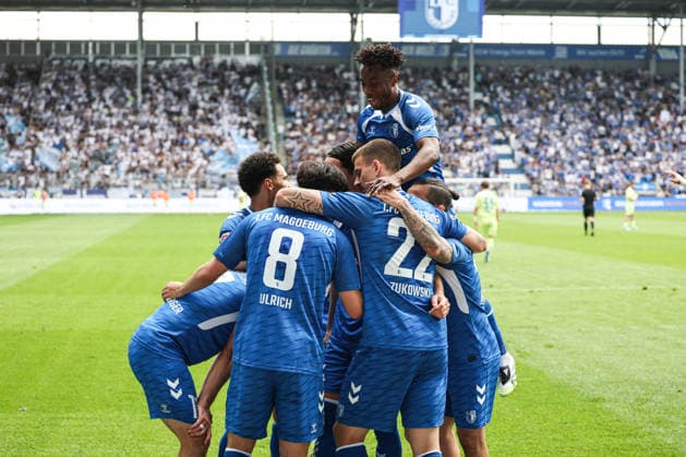 Goal celebration goal scorer Laurin Ulrich 1 FC Magdeburg,8 scores to 1 0 2 Soccer Bundesliga season 2025 2026 point match 1 FC Magdeburg vs Hertha BSC Berlin in the Avnet Arena in Magdeburg action,soccer,man,men,Germany,03 05 2026