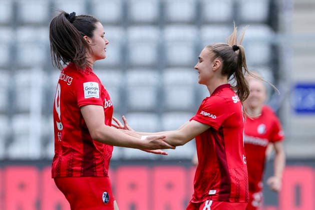 Svenja Foelmli SC Freiburg celebrates her 0 1 goal with Alena Bienz SC Freiburg , Google Pixel Frauen Bundesliga, FC Carl Zeiss Jena v SC Freiburg, ad hoc Arena, May 3, 2026 in Jena, Germany Photo by Marco Steinbrenner DeFodi Images Svenja Foelmli SC Freiburg celebrates after scoring her teams first goal with Alena Bienz SC Freiburg , Google Pixel Womens Bundesliga, FC Carl Zeiss Jena v SC Freiburg, ad hoc Arena, May 3, 2026 in Jena, Germany Photo by Marco Steinbrenner DeFodi Images DFB DFL REGULATIONS PROHIBIT ANY USE OF PHOTOGRAPHS AS IMAGE SEQUENCES AND OR QUASI VIDEO