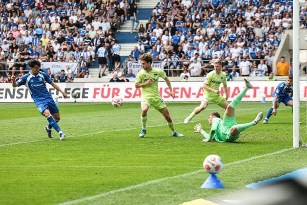 Goalscorer Laurin Ulrich 1 FC Magdeburg,8 scores to 1 0 2 Soccer Bundesliga Season 2025 2026 Point Match 1 FC Magdeburg vs Hertha BSC Berlin at the Avnet Arena in Magdeburg Action,Soccer,Man,Men,Germany,03 05 2026