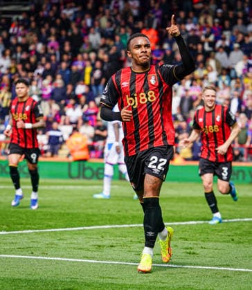 3rd May 2026, Bournemouth, Dorset, England; Premier League Football, AFC Bournemouth versus Crystal Palace; Eli Junior Kroupi of Bournemouth celebrates scoring his sides second goal to make it 2-0 in the 32nd minute KamilxKrella