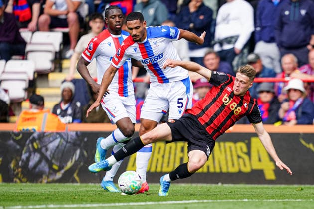 3rd May 2026, Bournemouth, Dorset, England; Premier League Football, AFC Bournemouth versus Crystal Palace; Maxence Lacroix of Crystal Palace fails Adrien Truffert of Bournemouth KamilxKrella