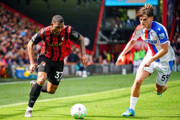 3rd May 2026, Bournemouth, Dorset, England; Premier League Football, AFC Bournemouth versus Crystal Palace; Rayan of Bournemouth feels pressure from Justin Devenny of Crystal Palace KamilxKrella